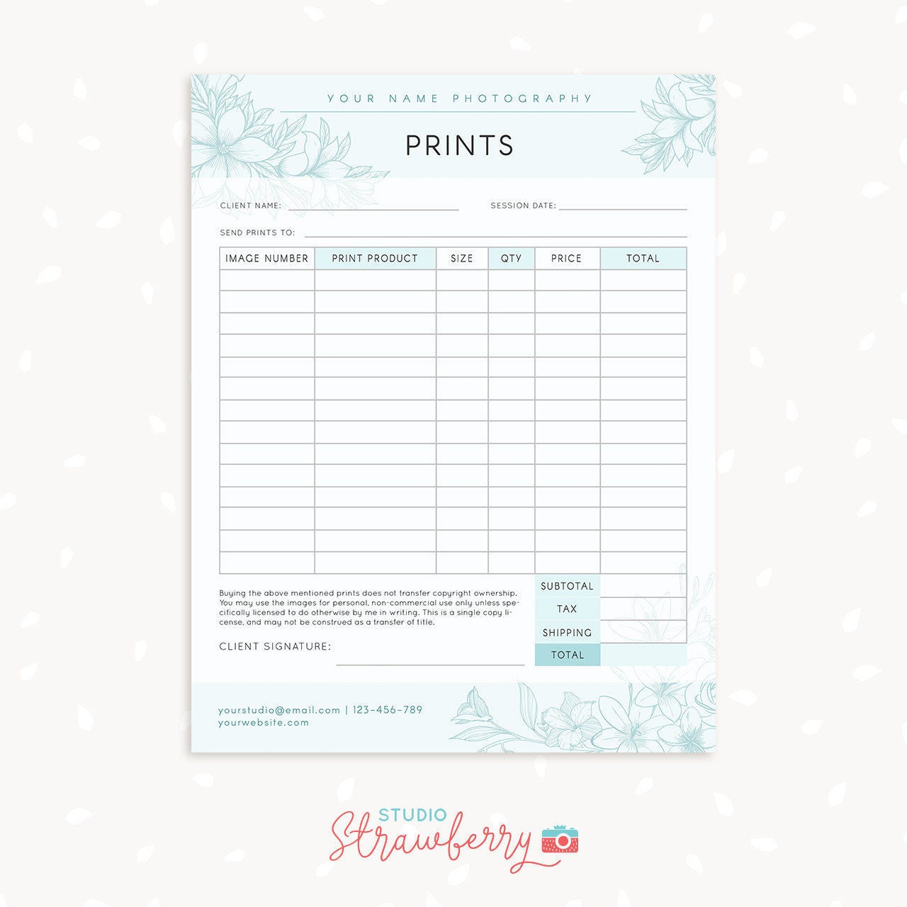 Order form template, Floral Photography order form, Photography forms, Purchases, Orders template for Photographers, Photoshop template