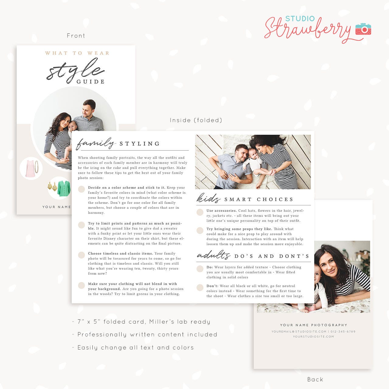 Style guide template for photographers, Style guide photography, 7x5 folded card, What to wear guide, What to wear template, family, kids