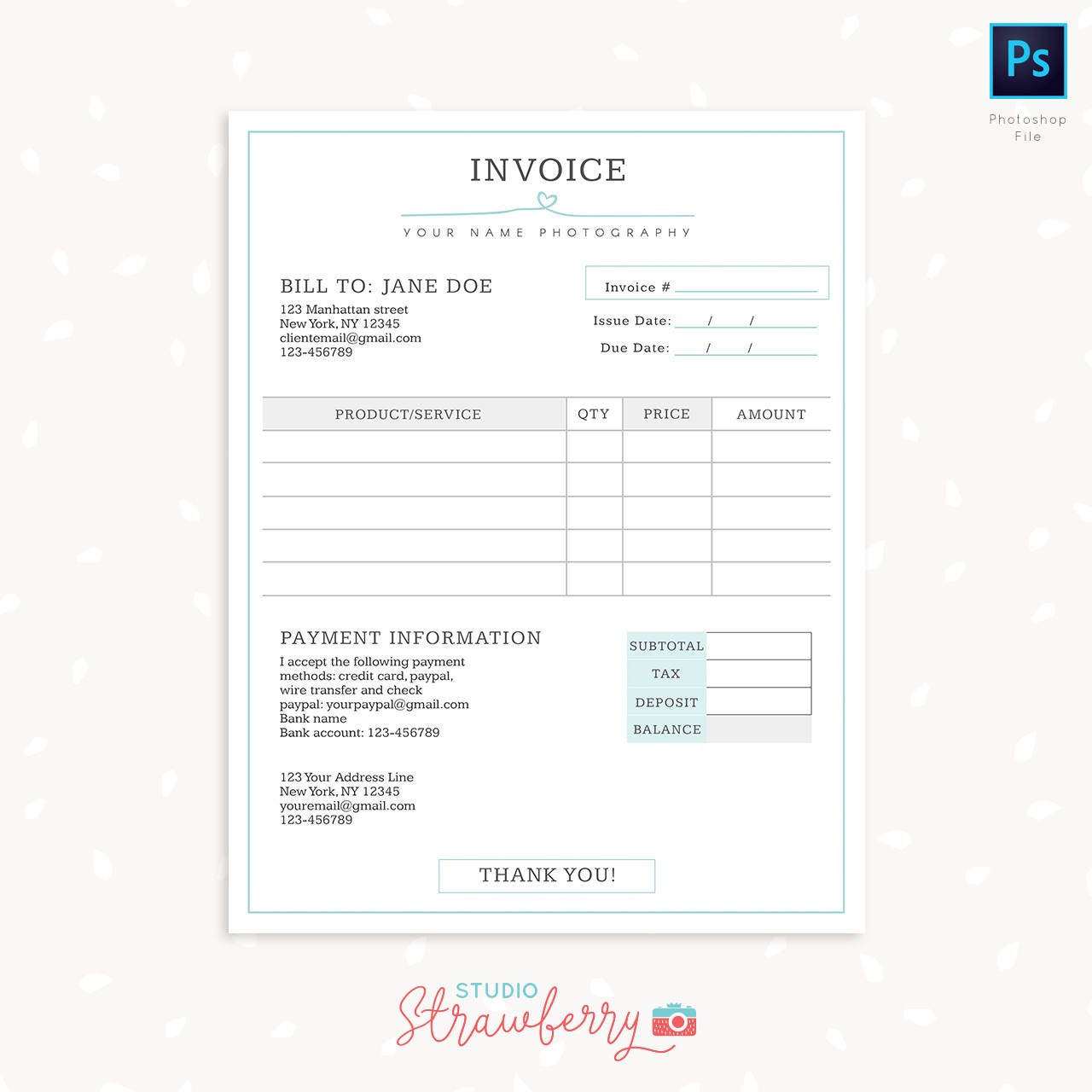 Invoice template, Photography invoice, Business invoice, Receipt template for Photographers, Photography forms, Photoshop template