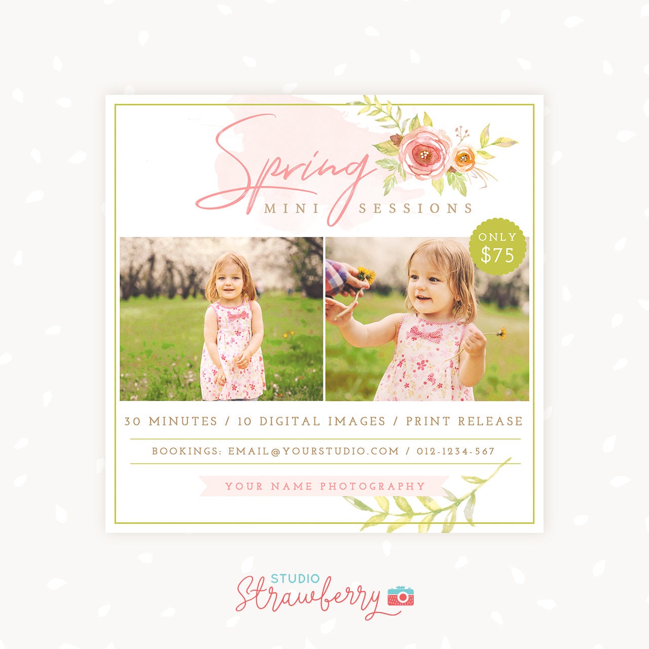 Spring Mini Session Template, Spring minis, Spring Marketing Board, Photoshop Template, Watercolor, Floral, Spring Mini Sessions Template