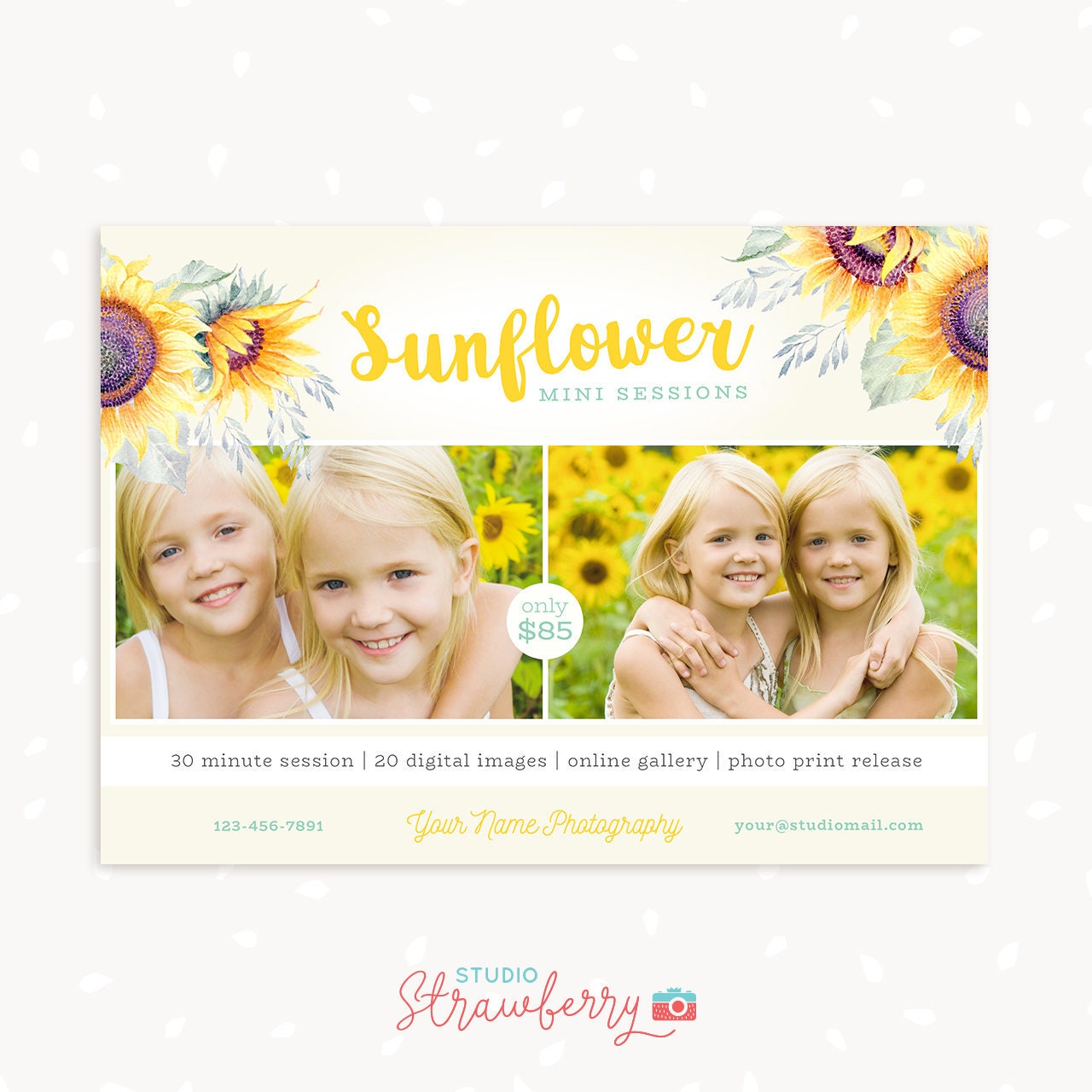 Sunflower mini sessions template 7x5", Summer mini sessions, Marketing Board, Photoshop Template, Summer photography, summer sessions