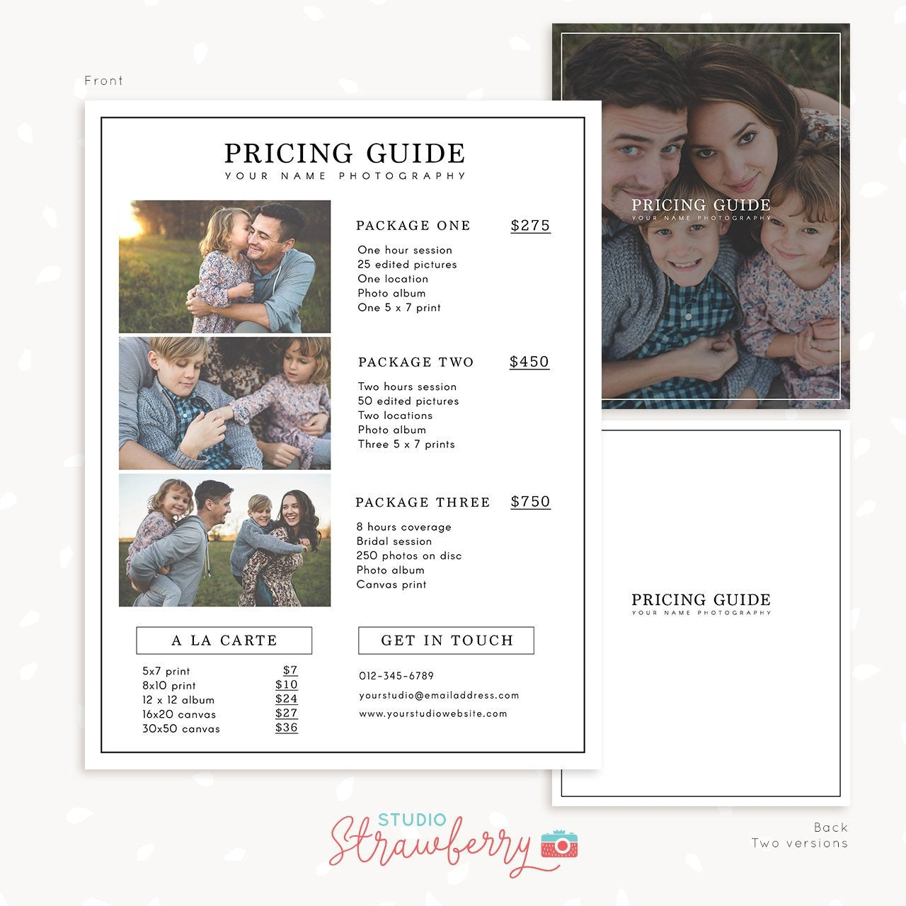 Photography Pricing List Template, Front and 2x Back, Price List Template, Minimalist Black Pricing Guide Template, Photographer Price List