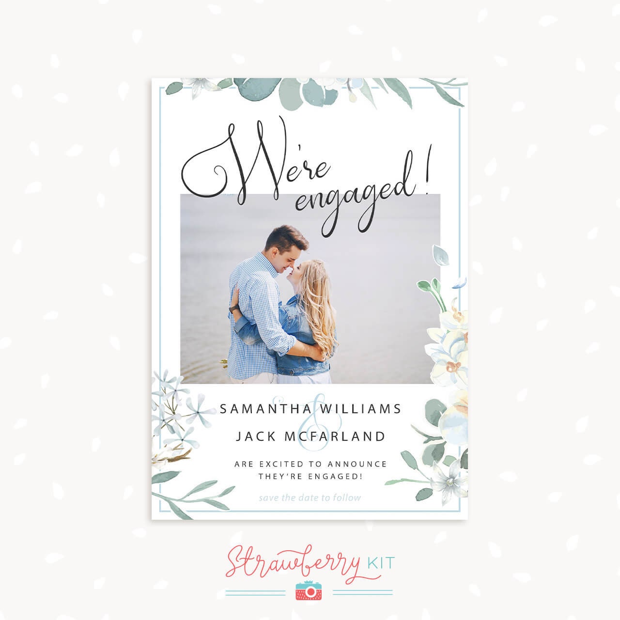 Engagement announcement card with photo, We're engaged card without date, Engagement card with photo, Printable, Floral engagement template