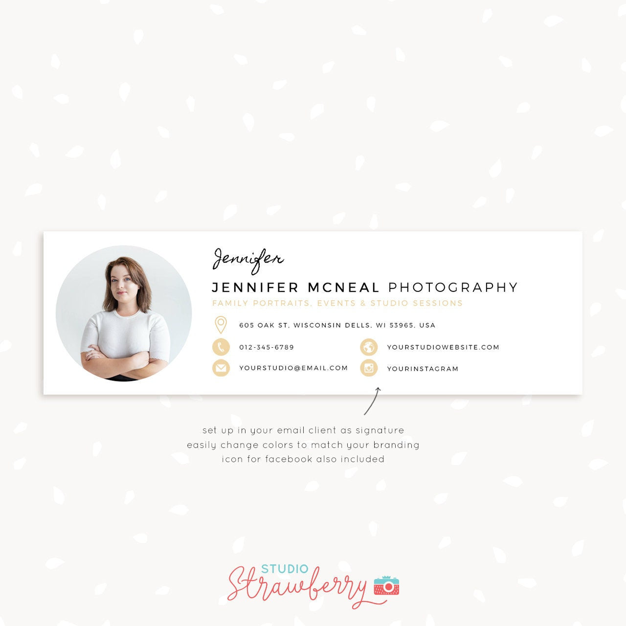 Email signature template, Photoshop template, Photographer signature template, Email template, Social media, Address, phone, photo