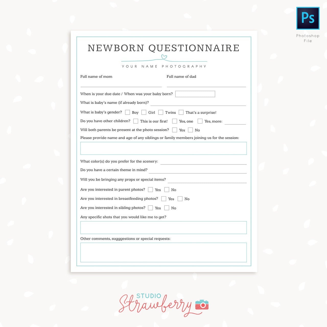 Newborn questionnaire, Newborn photography questionnaire template, Baby questionnaire, Photography Forms, Newborn Booking Form Photographer