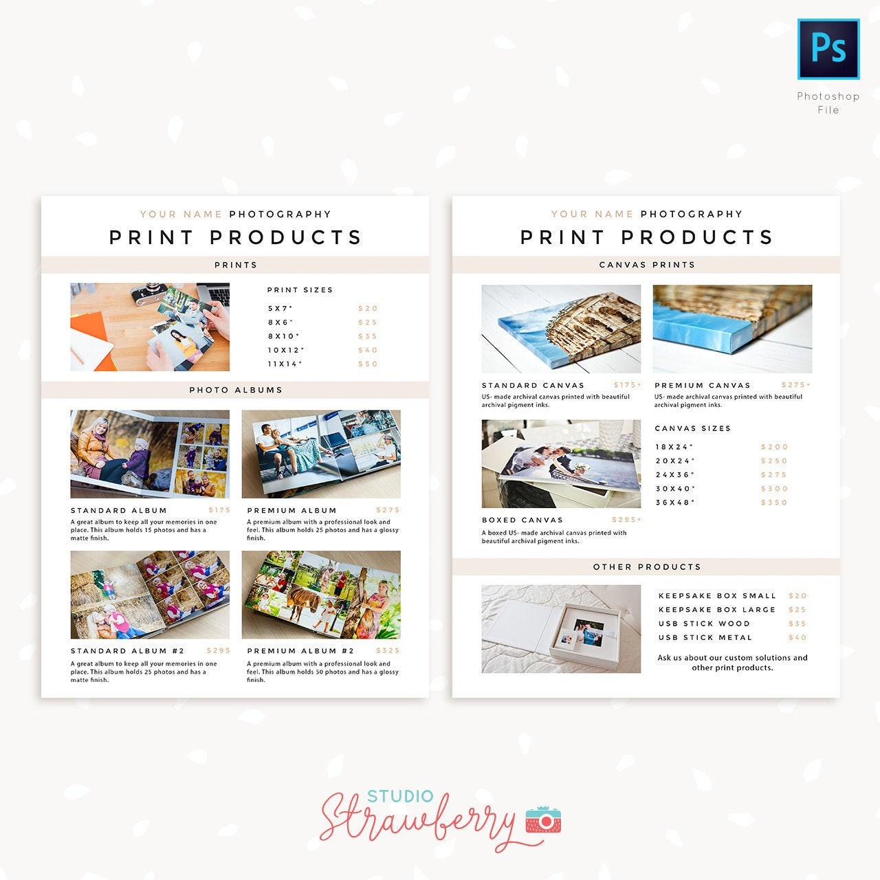 Print products catalog template for photographers, Letter Size, prints, photography marketing flyer, photography brochure, albums, canvas