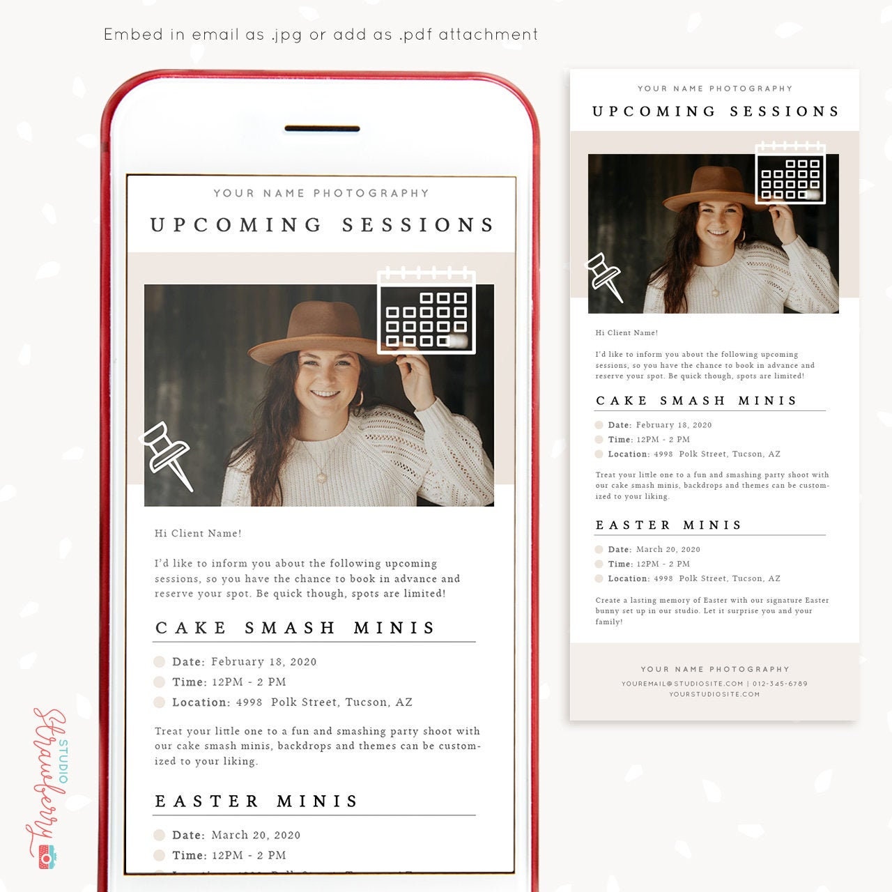 Upcoming sessions email newsletter template for photographers, Photoshop template, Email Newsletter Template, Photo session promo template