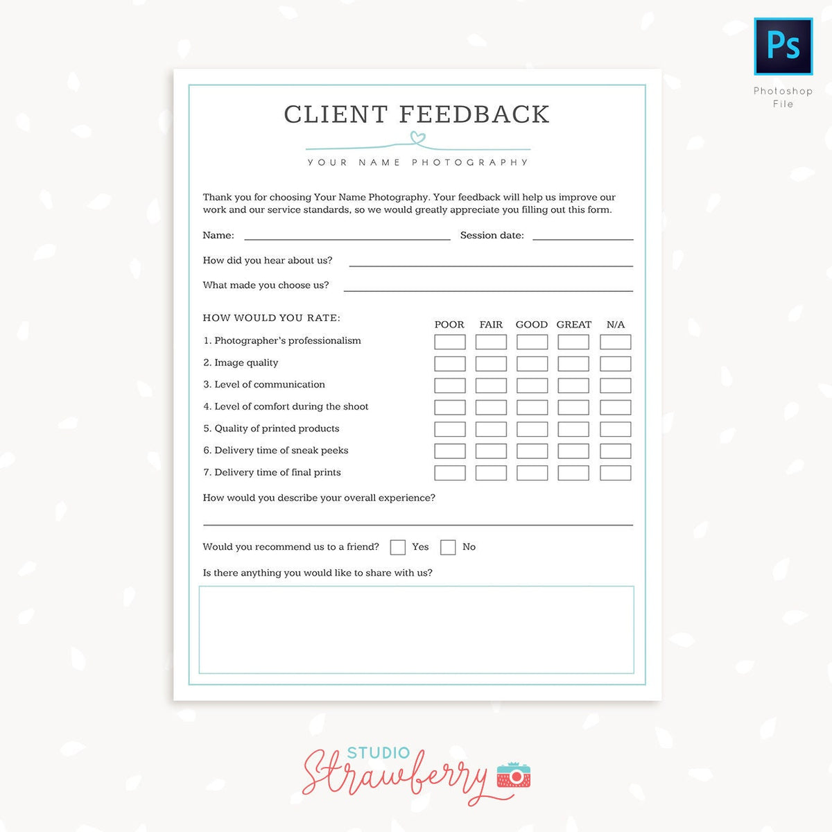 Client Feedback Form For Photographers, Customer survey template, Customer Feedback Form, Photography Forms, Templates for Photographers