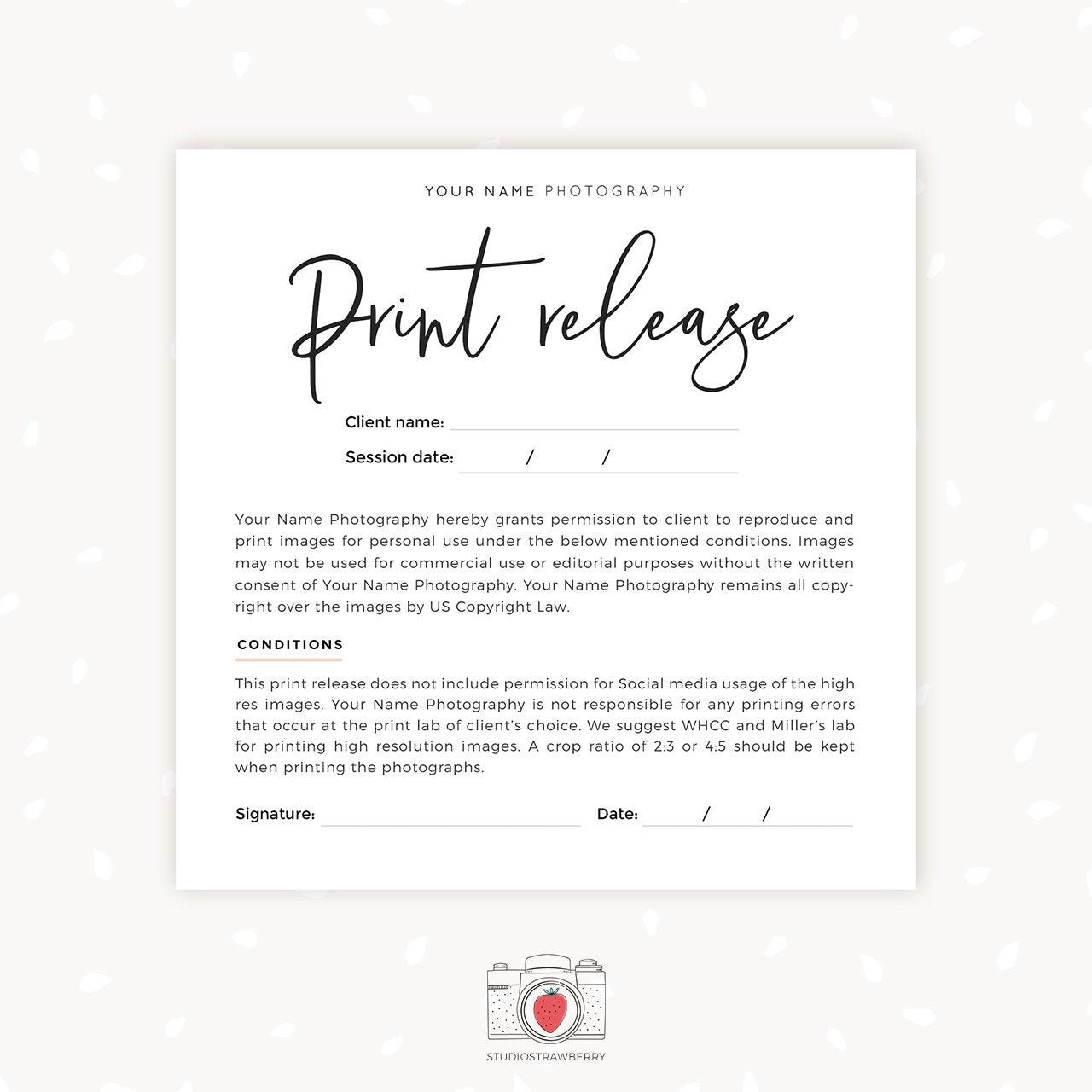Photo print release form card, Photography Forms, Forms For Photographer, Photographer Print Release Square Card, Print Release template