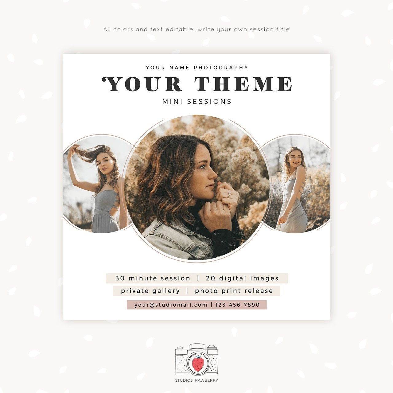 Mini Session Template, Mini session marketing, Photography marketing, Neutral mini sessions template, Editable marketing board