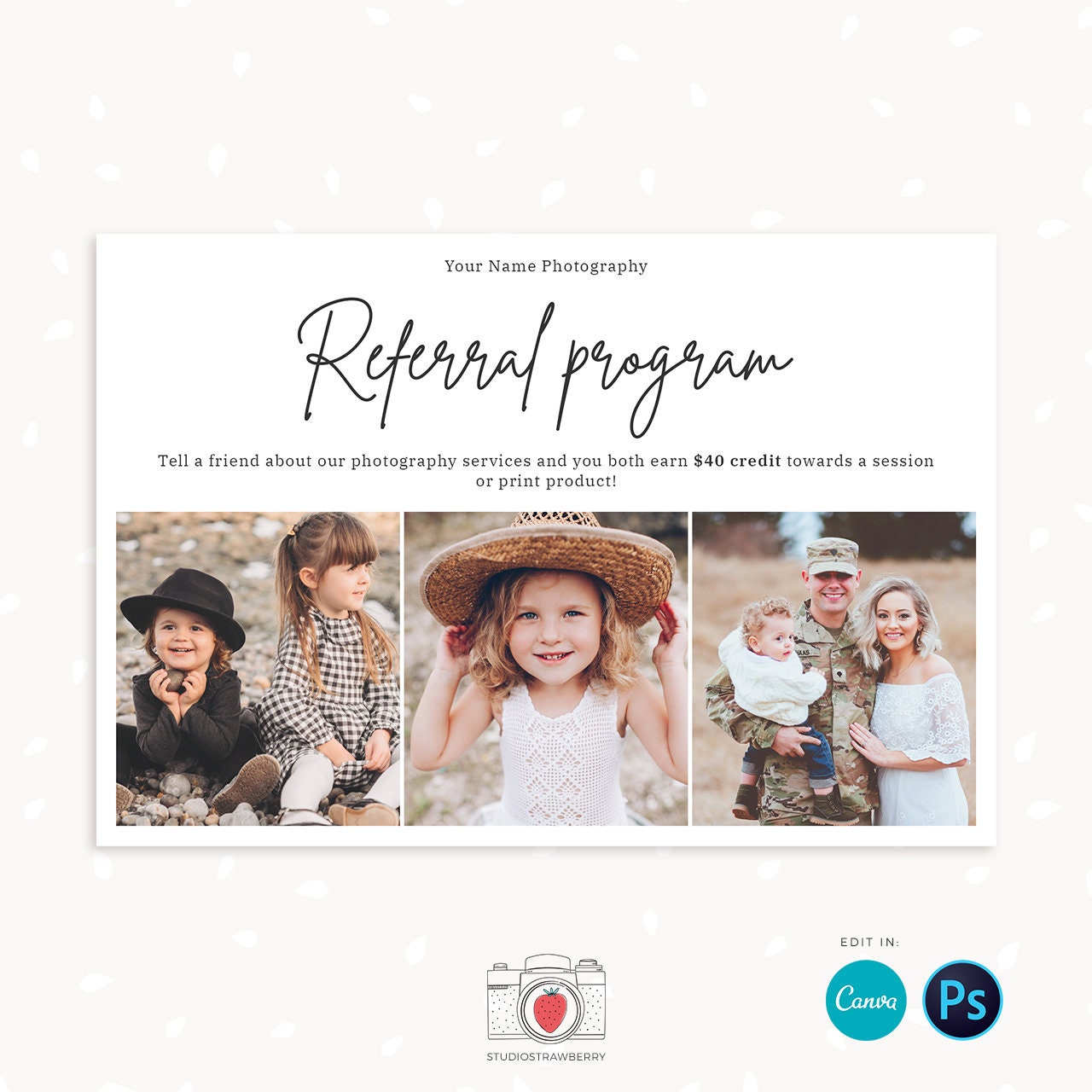 Referral card canva, Referral card template, Referral cards, referral program, tell a friend, word of mouth, referral card for photographers