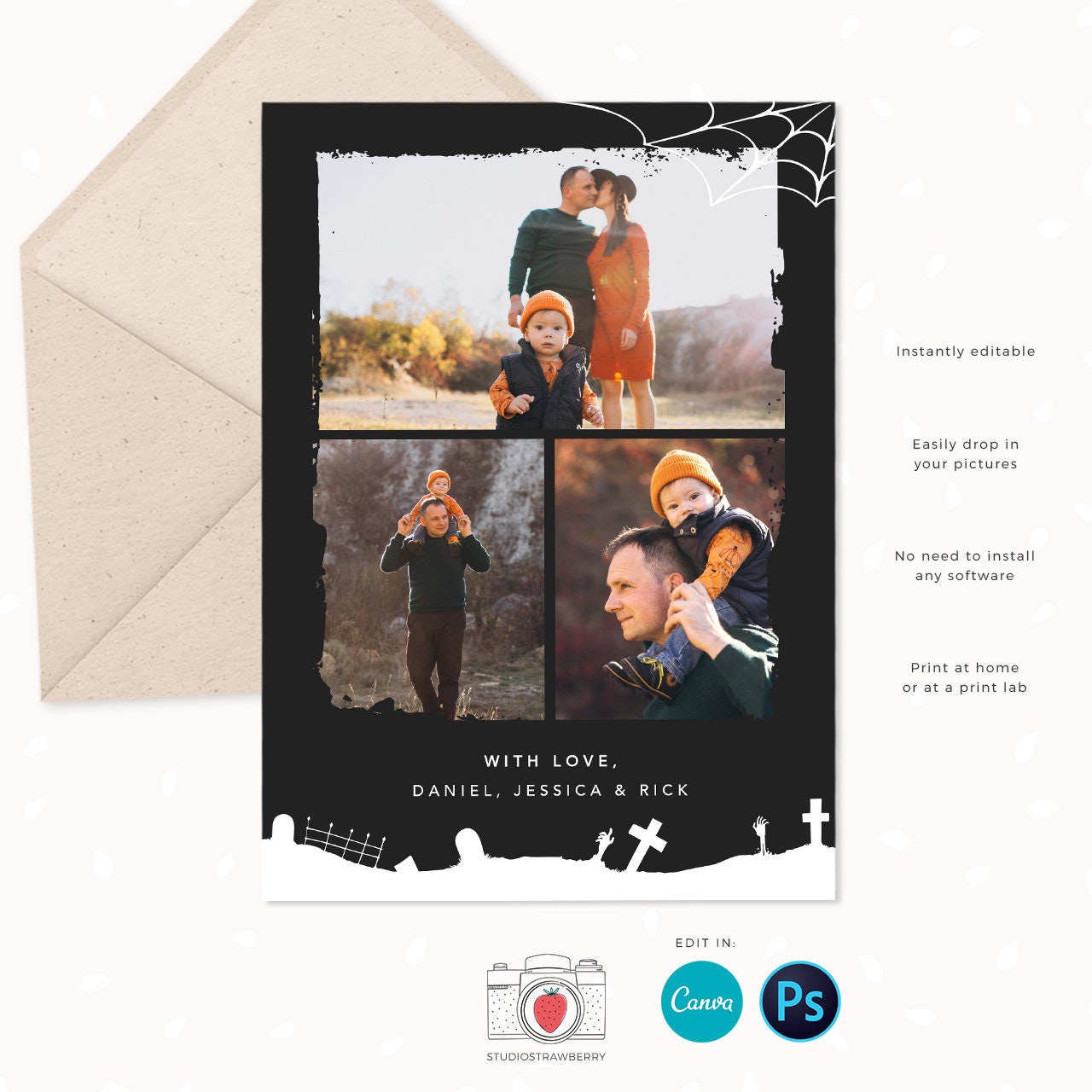 Halloween photo card template, Canva, Halloween photo cards, 5 x 7" Halloween card template, Halloween greeting cards, Photo Halloween cards
