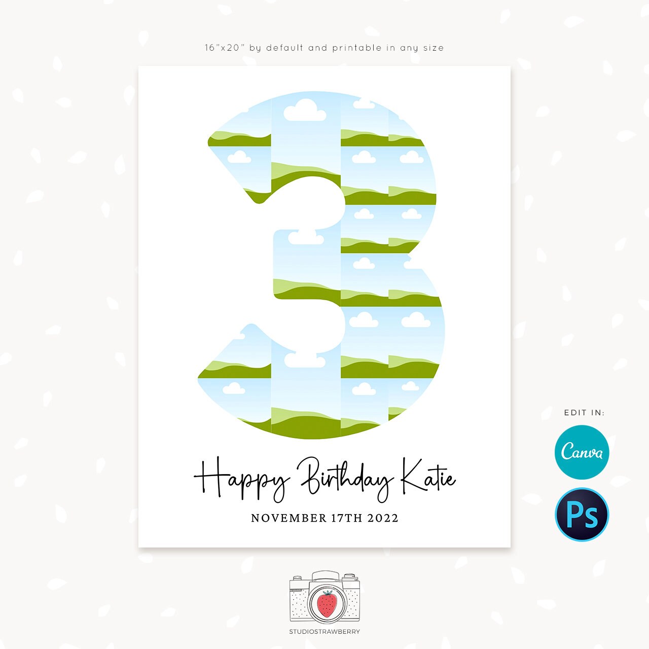 3 year birthday photo collage, Number three, Third birthday poster digital, Number three, 3rd Birthday collage Canva, Photoshop, 16x20, 8x10