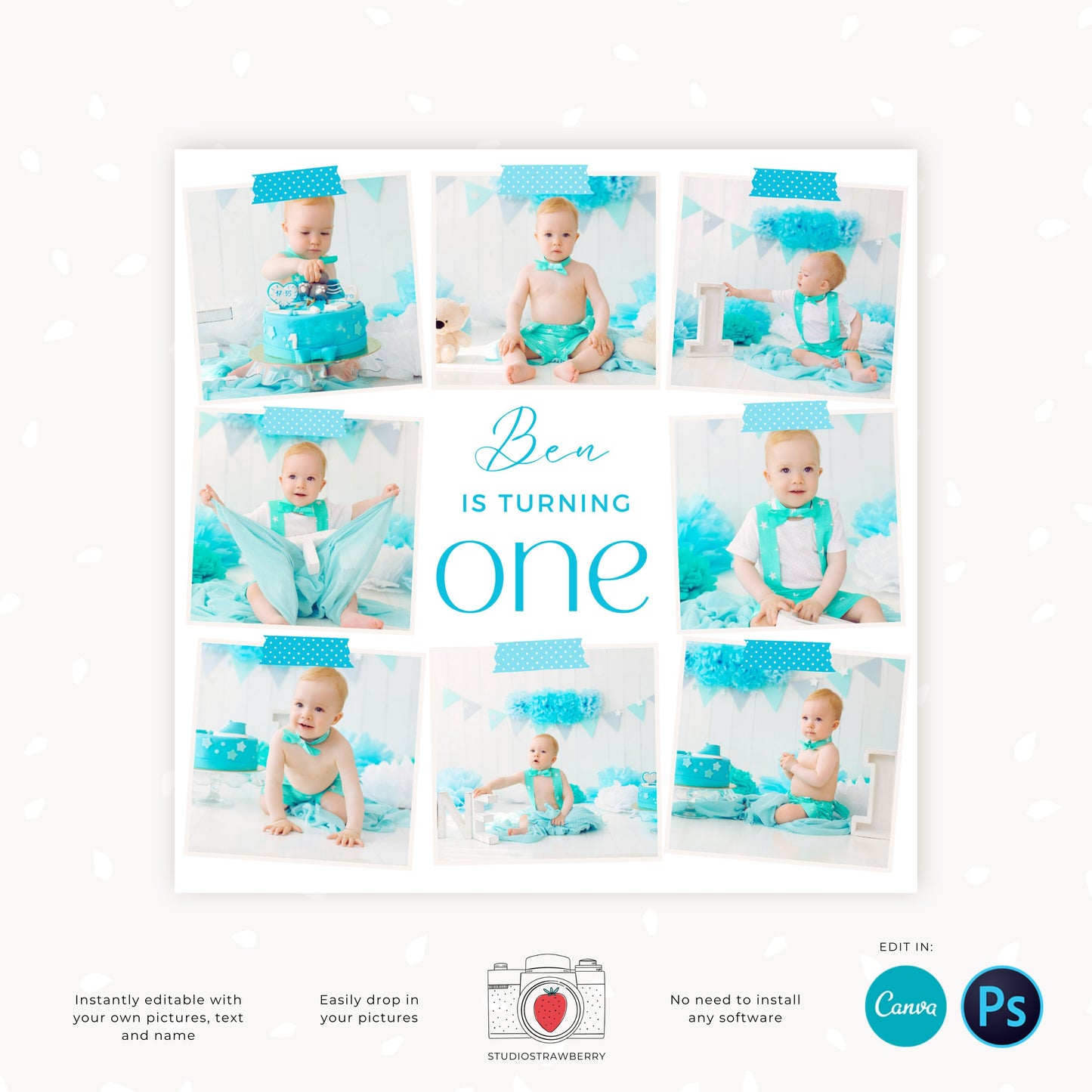 Cake smash photo collage template, First birthday, Cake smash collage, Cake smash mini session collage, Baby collage, Canva template