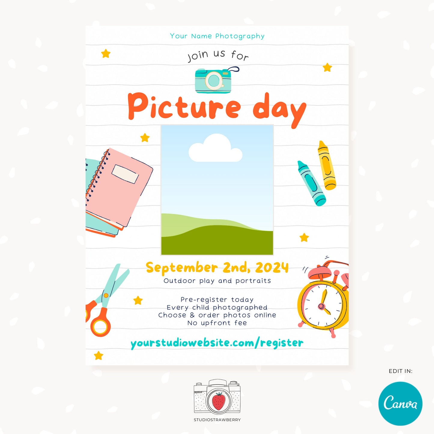 School picture day template, School photo day, School picture flyer, School picture day flyer, School picture day display board, Canva, PS