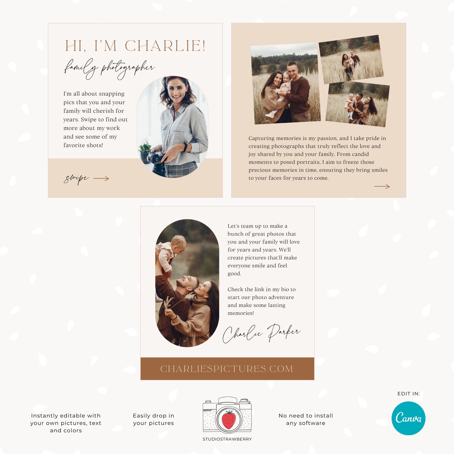 Instagram carousel template, photographer introduction post, editable Canva template for photographers, elegant neutral tones, C10