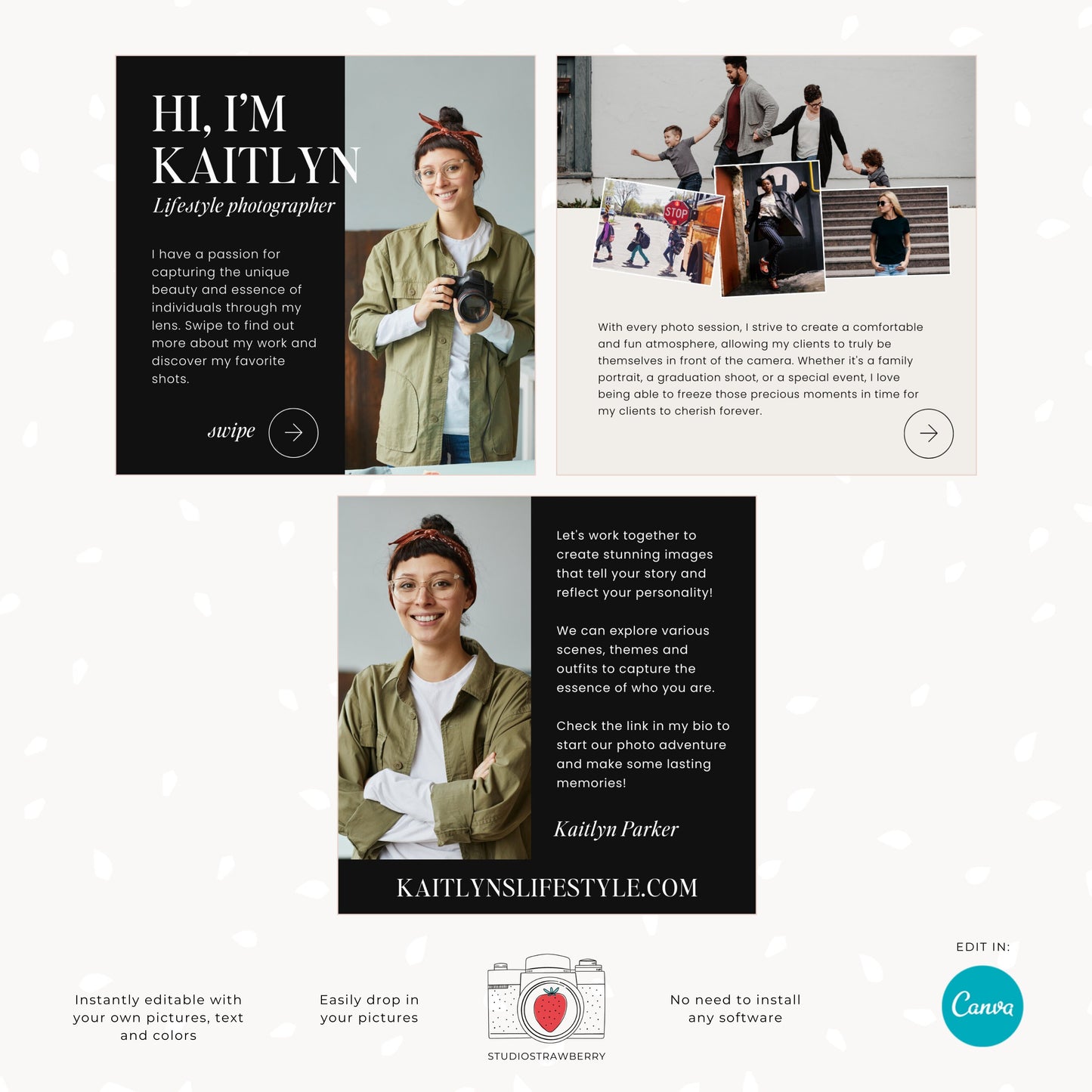 Photography instagram carousel template, introduction post, editable Canva template for photographers, Bold style, black and white C12