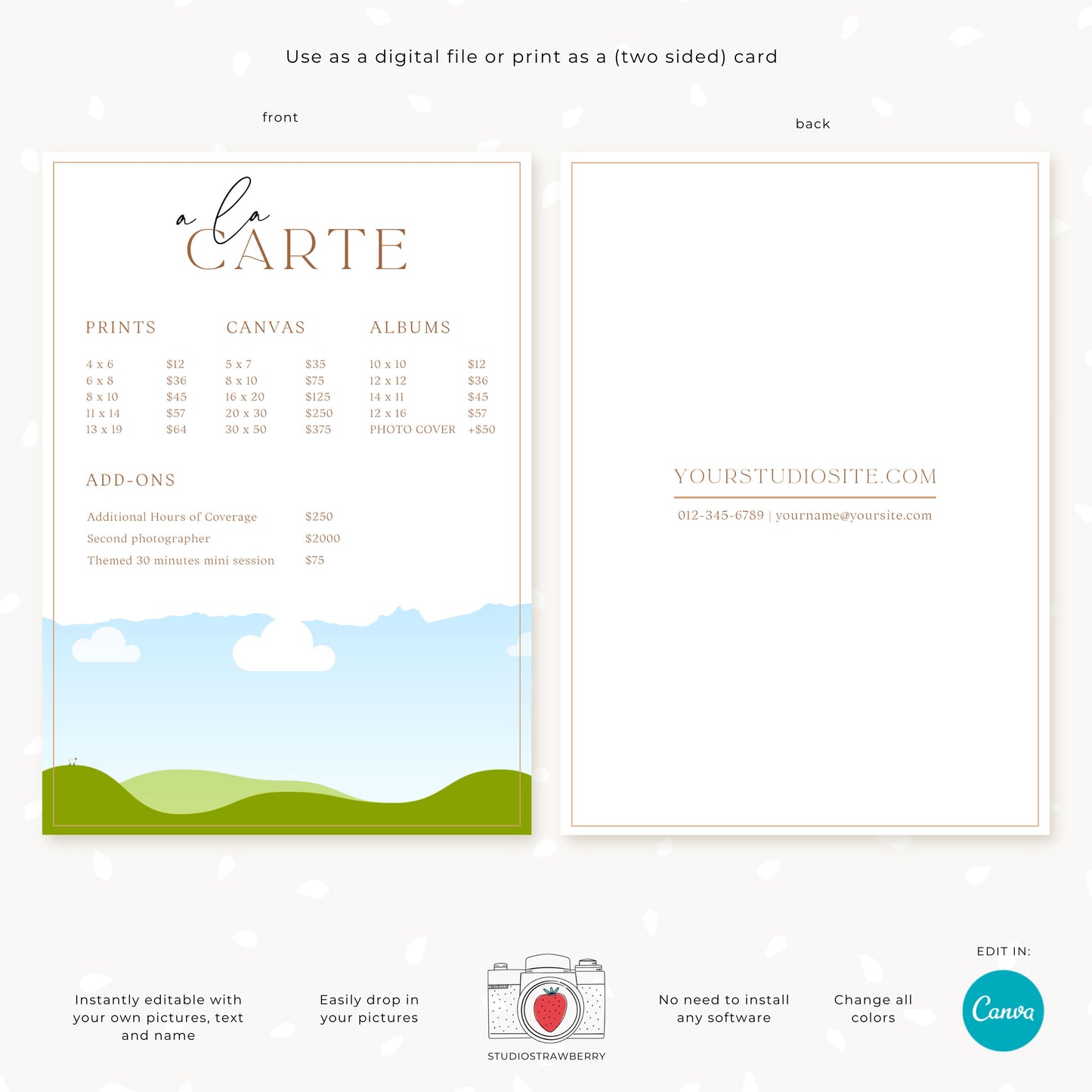 Editable Photography Pricing Guide Template | Canva Price List | Customizable Photography Package Sheet | C10
