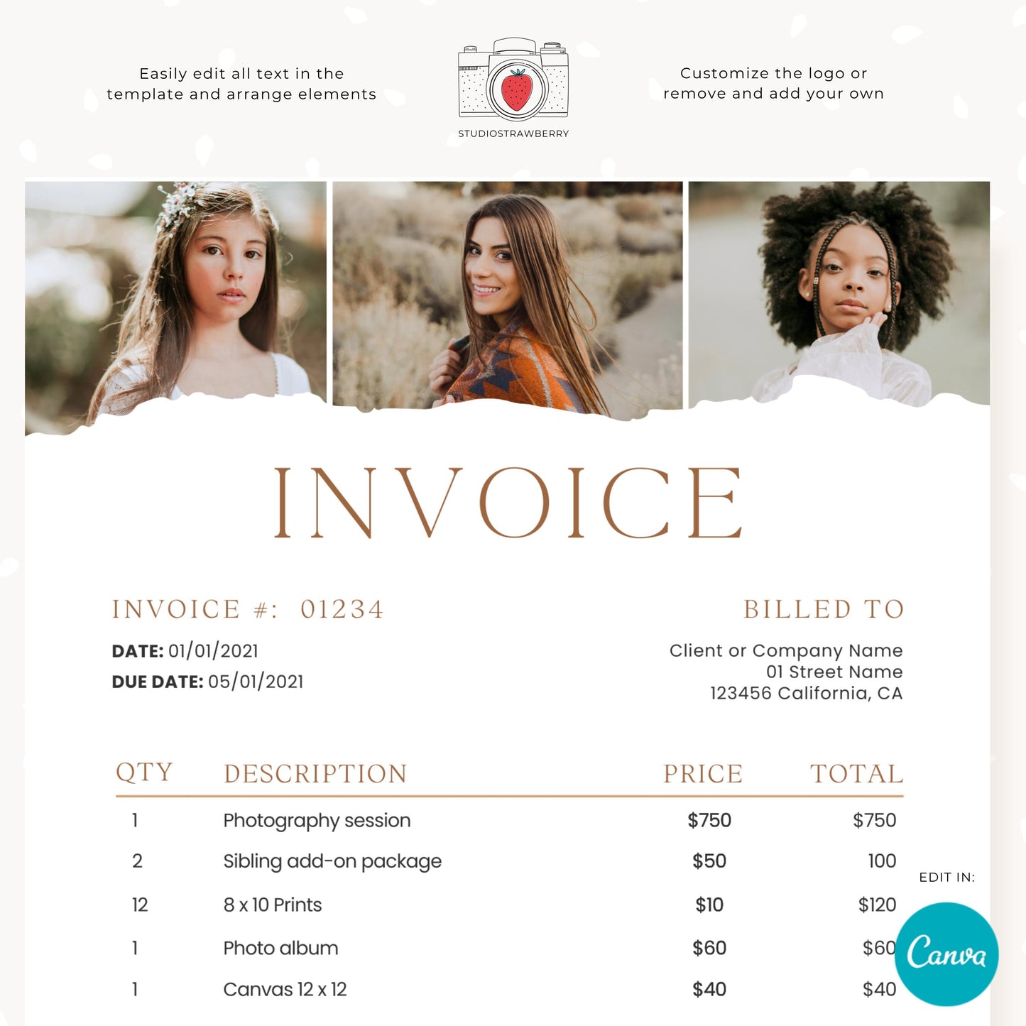 Editable Invoice Template with Photos | Customizable Canva Design for Photographers | Printable, C10