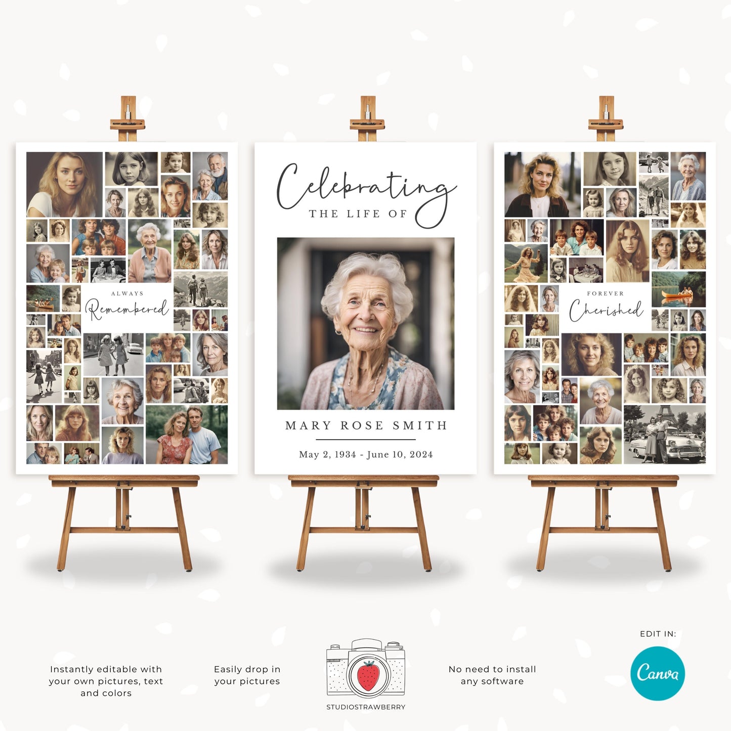 Editable funeral photo collage template for Canva, showcasing a memorial photo display poster with various family pictures.