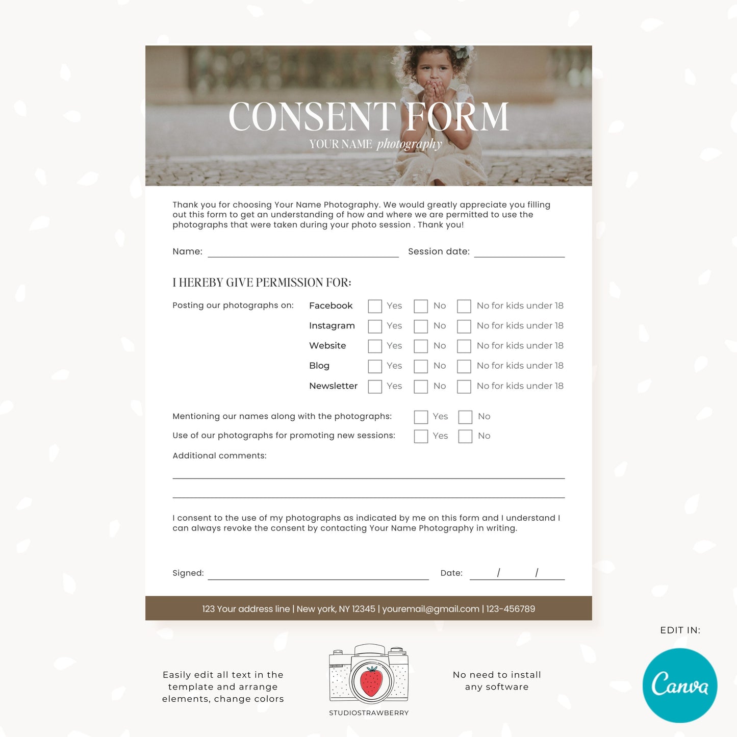 Photography consent form template with photo, permissions template, Social media use, Website use, Publishing permission clients C12