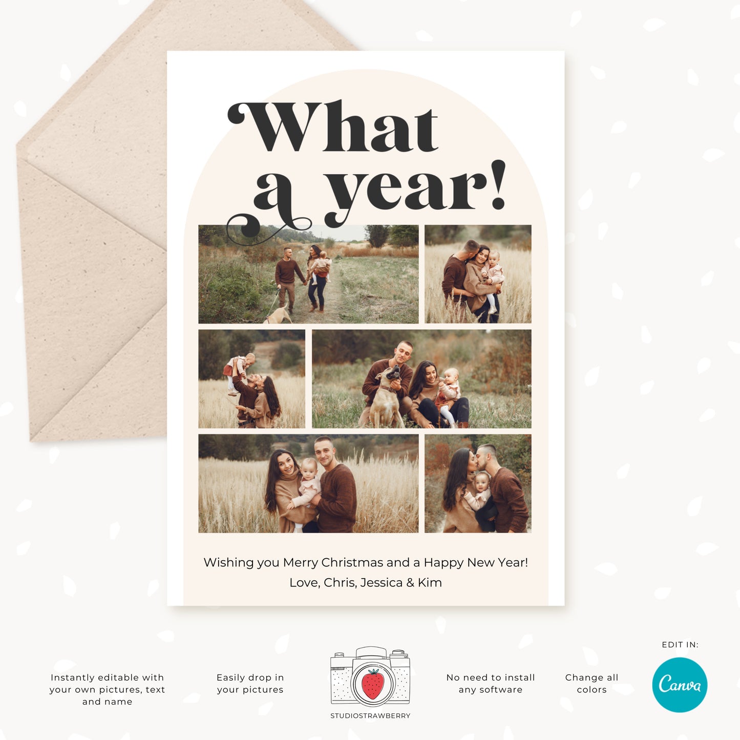 Retro Holiday Photo Card Template | Editable Arch Photo Christmas Card | Classic Family Greeting | Canva Template for Holiday Cards