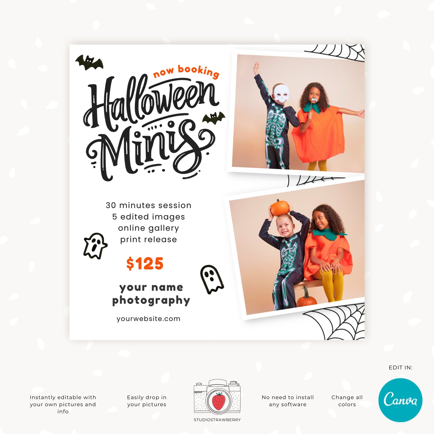 Editable Halloween Mini Sessions Template | Canva Photography Flyer | Customizable Digital & Printable Marketing Card for Halloween Minis