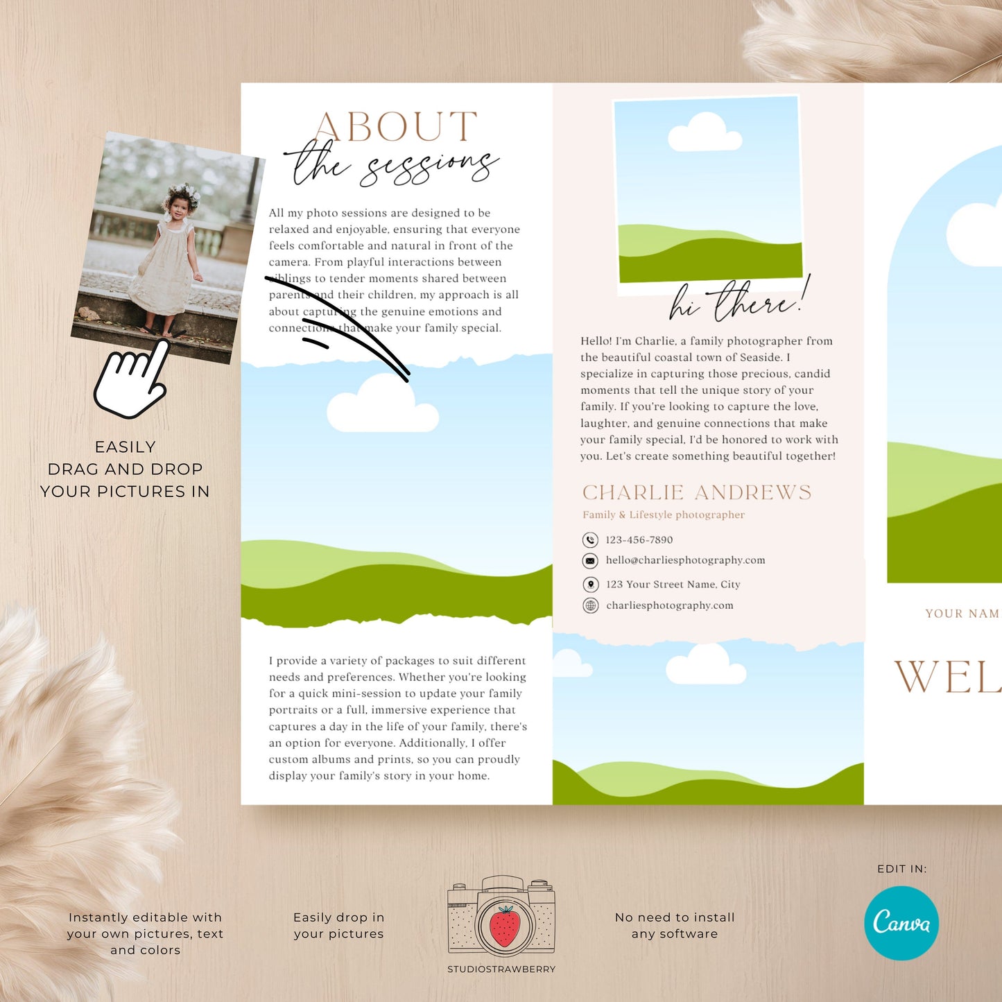 Trifold Photography Welcome Guide Template for Canva, Letter Size Printable Brochure for Photographers, Pricing Guide, Client Welcome | C10