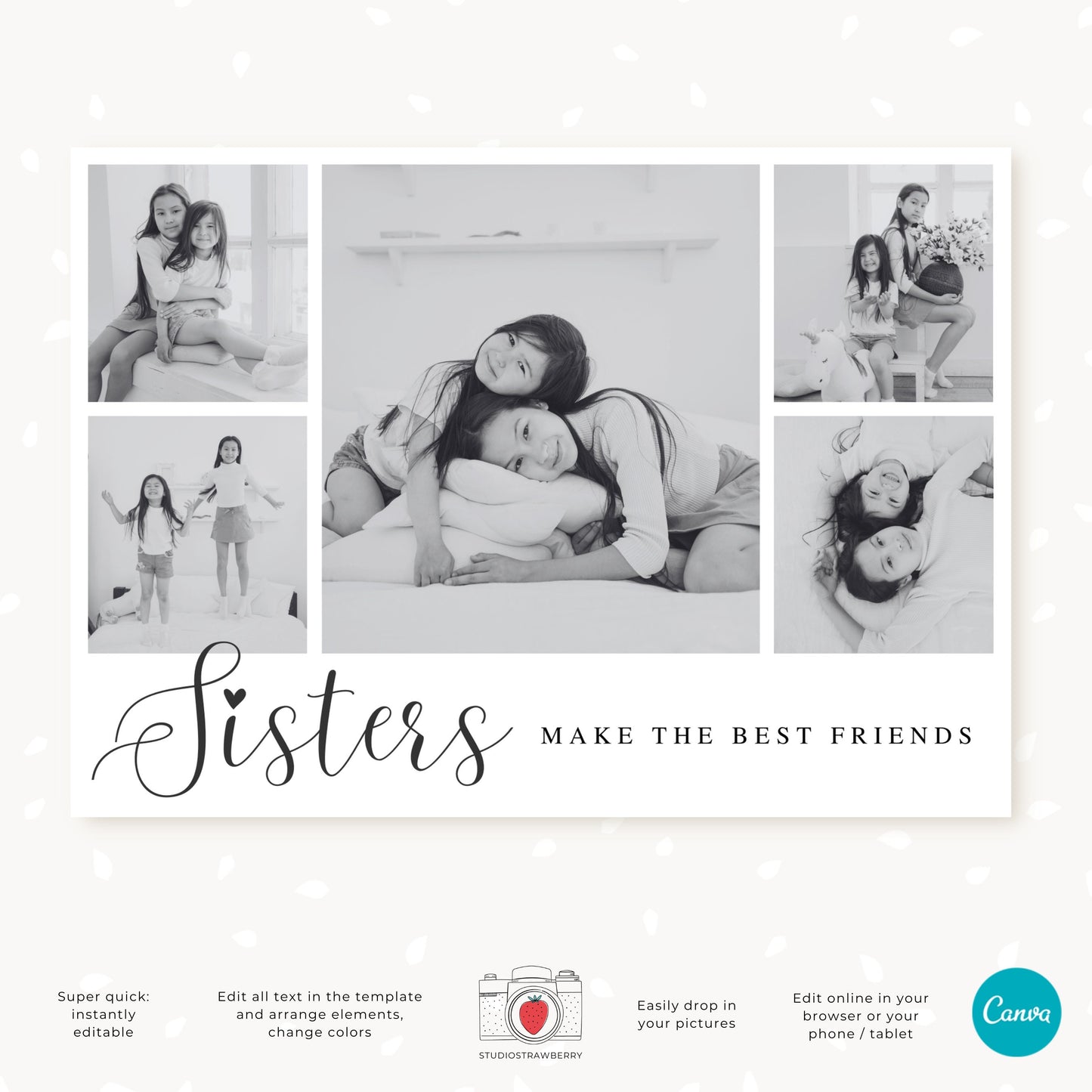 Sisters Make the Best Friends Photo Collage Template | Printable Sisters Photo Card | Editable Canva Five-Photo Collage Card