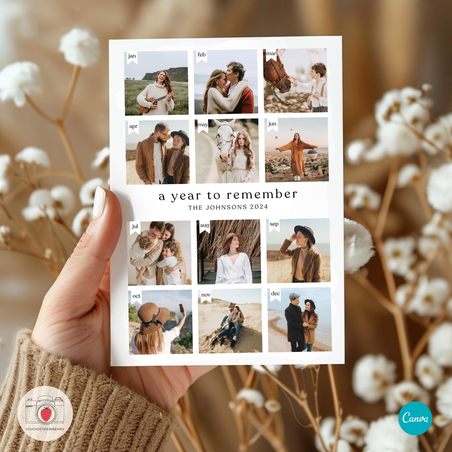 Year in review photo card template showcasing twelve photo placeholders with editable monthly labels and family text.