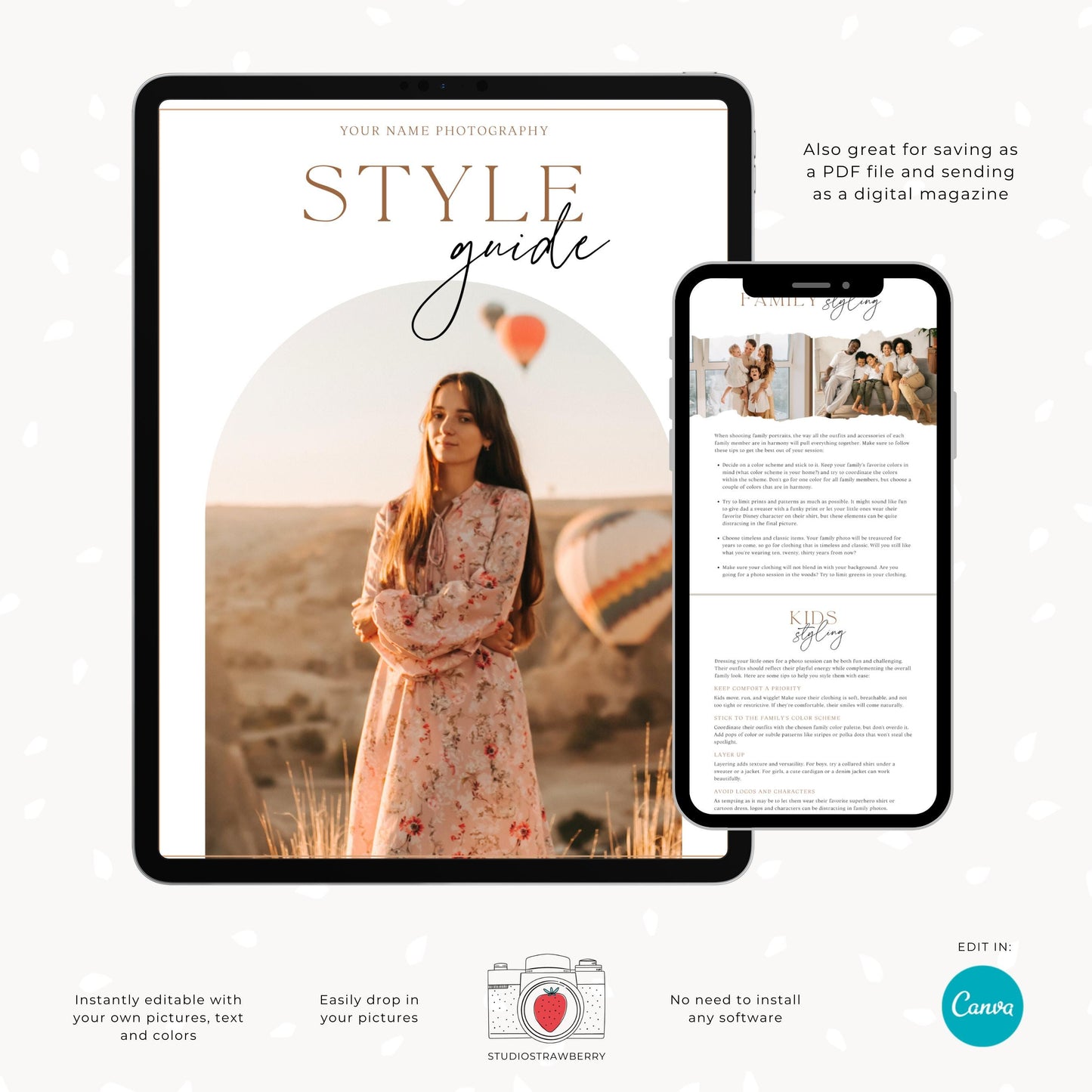 Customizable style guide Canva template for professional photographers and their clients.