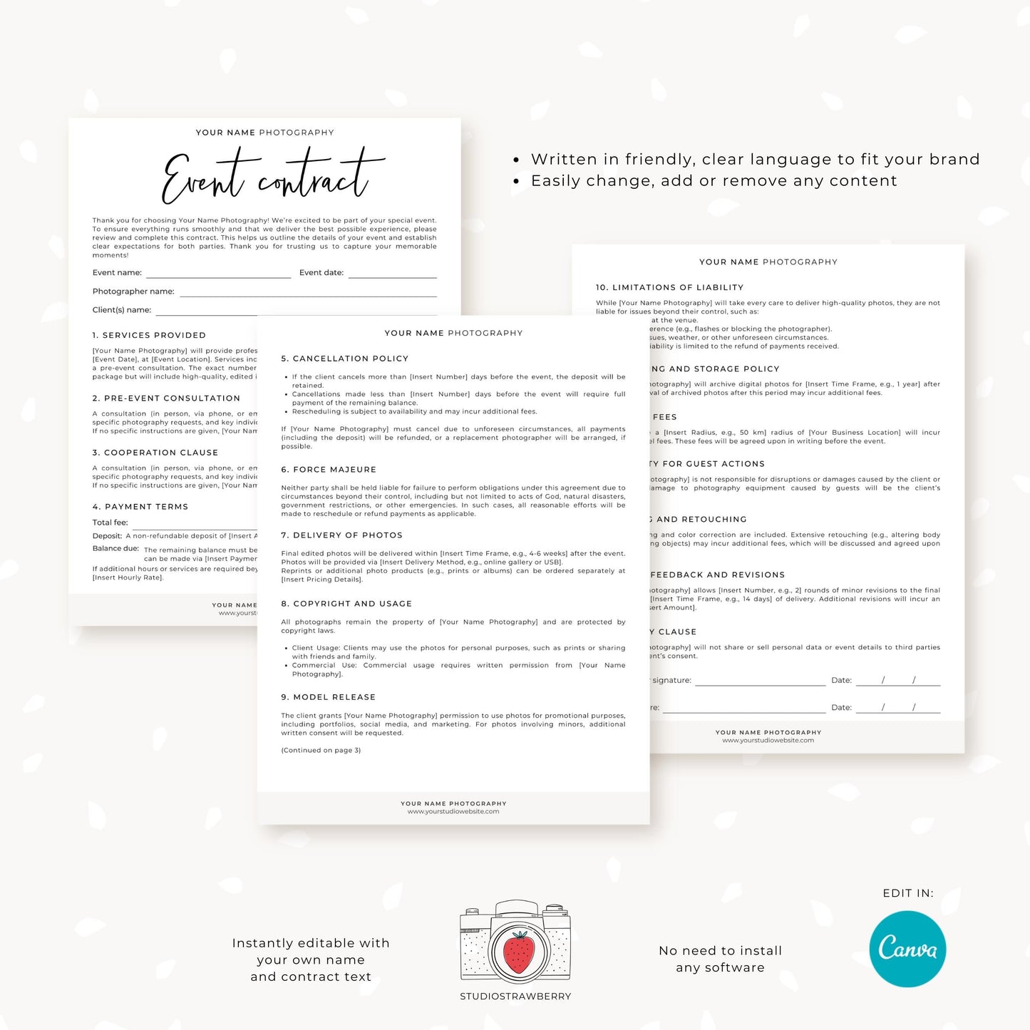Event photography agreement template displayed in Canva's editing interface showing editable text and branding options