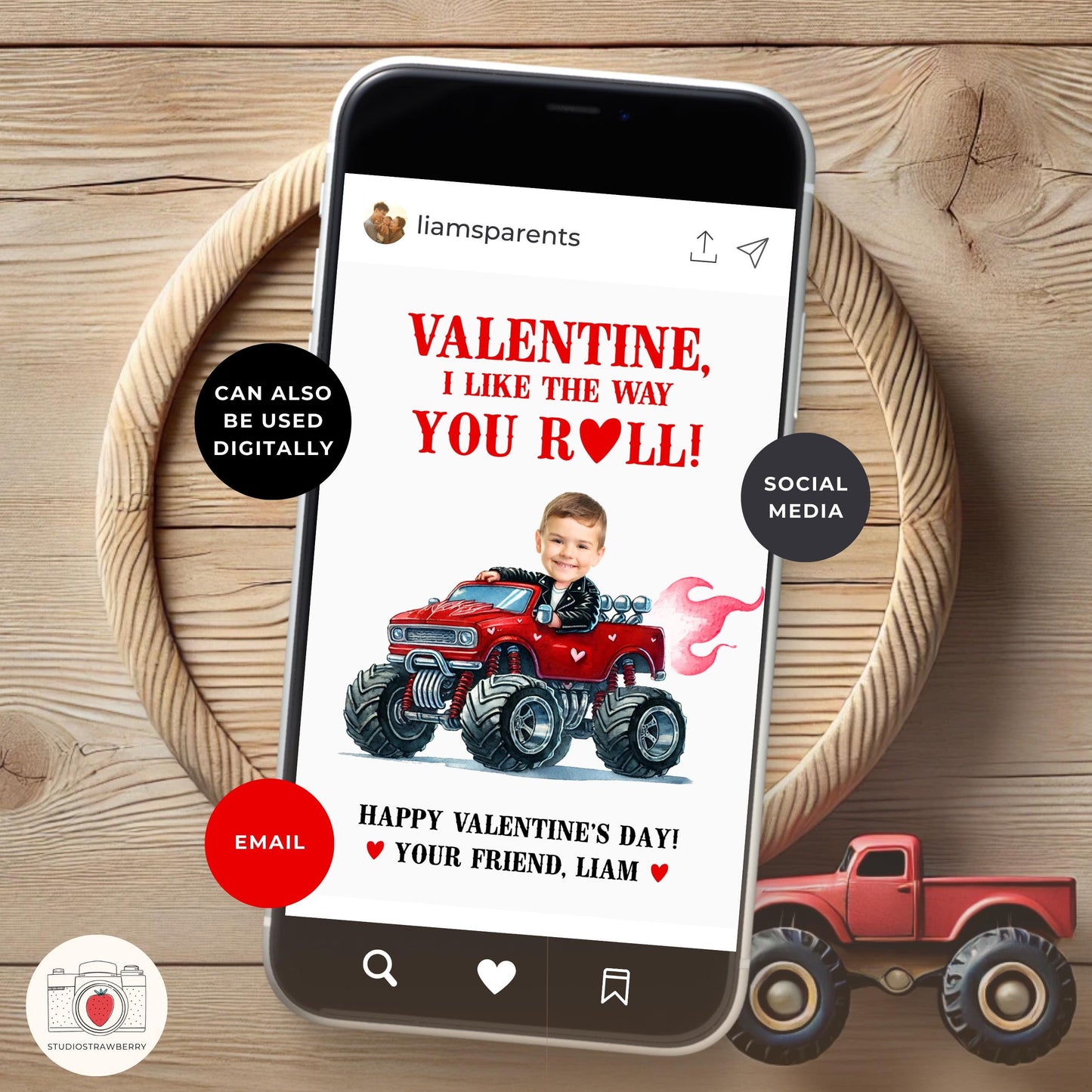 Personalized Monster Truck Valentine’s Card for Kids - Custom Photo Digital Valentine - Printable Fun School Exchange Card for Boys