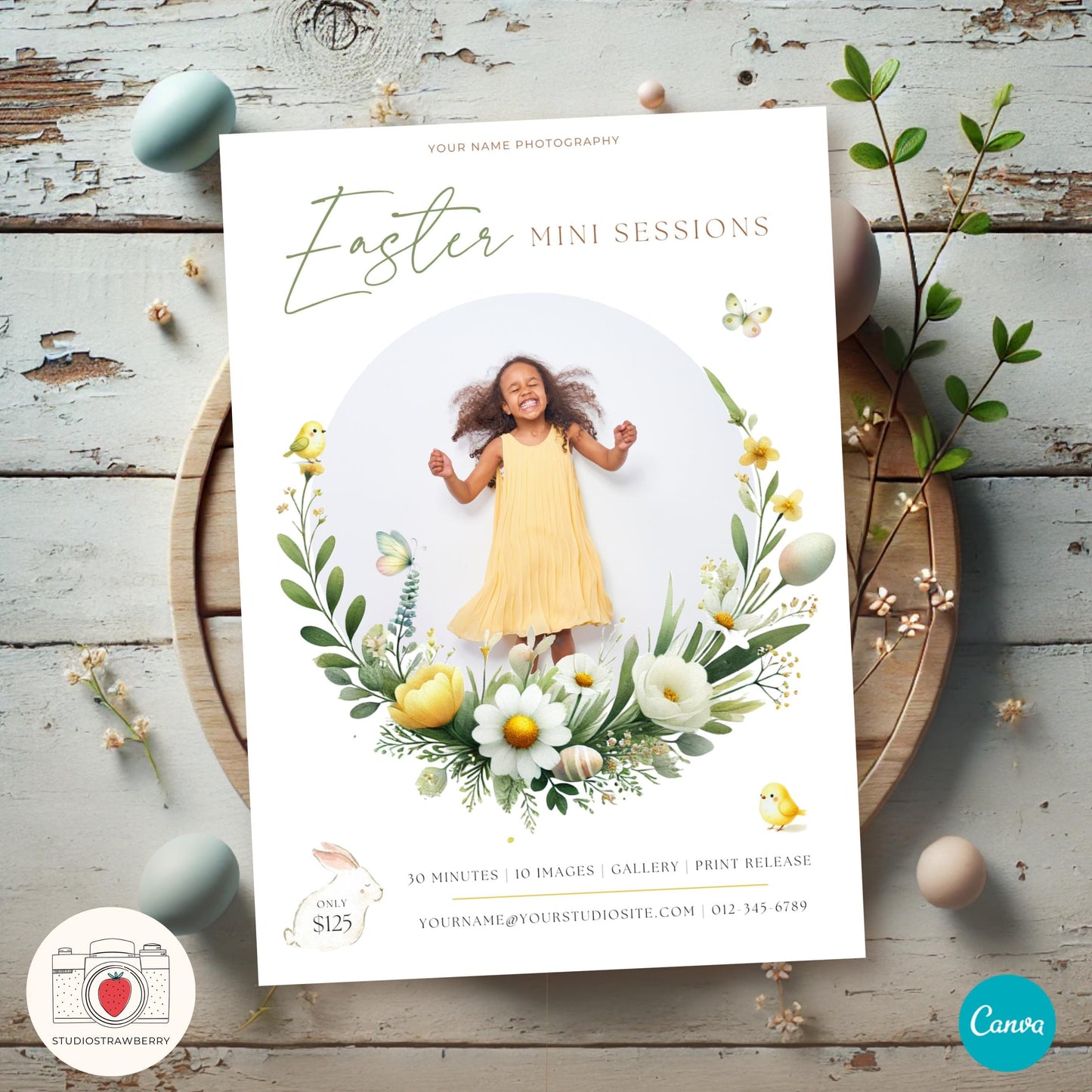 Spring-themed Easter photography mini session ad with floral design and pastel colors.