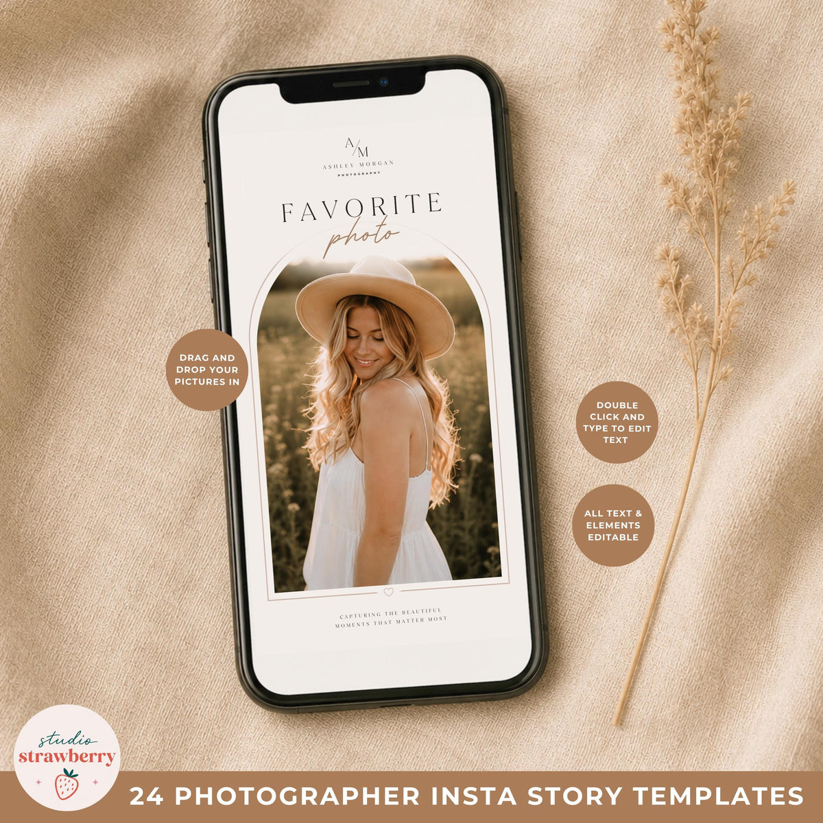 Photographer testimonial story template for sharing client reviews on Instagram Stories.