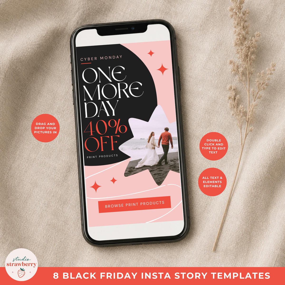 Black Friday Canva Story Templates displayed together with consistent colors, typography, photo treatments, and graphic details.