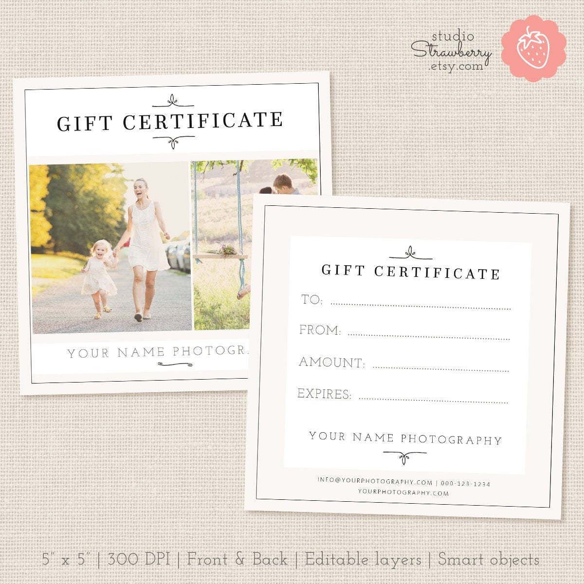 Photography Gift Certificate Template, Photo Gift Card, Printable, Photoshop Template, Photography Marketing Set, Kit, PSD download, Design