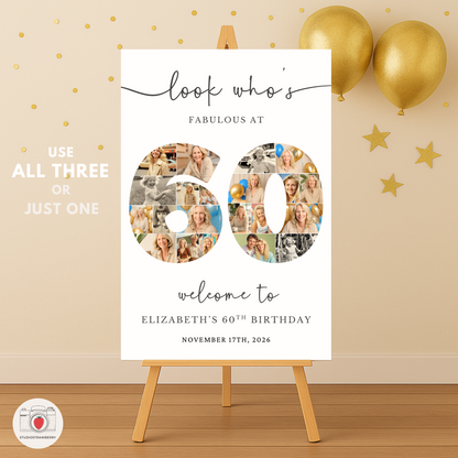 Canva editable 60th birthday collage signs – customizable printable posters for milestone birthday party display.