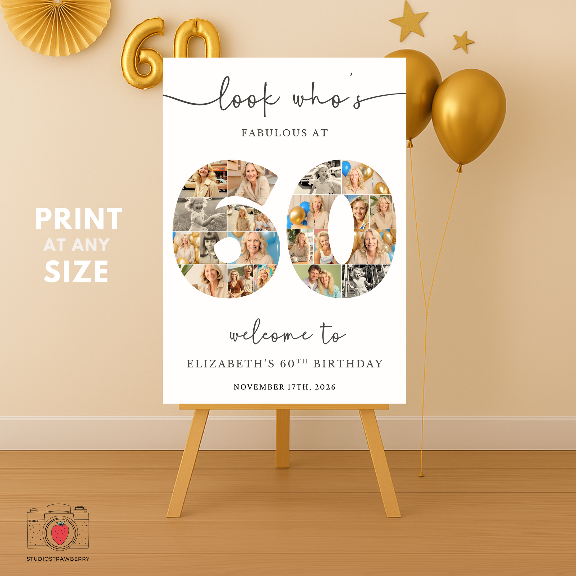 Editable 60th birthday welcome sign template – printable Canva design featuring photo collage number 60 for milestone celebration.