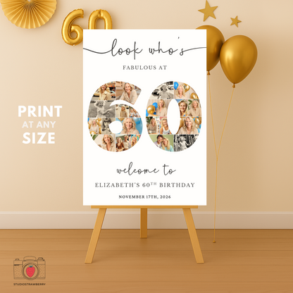 Editable 60th birthday welcome sign template – printable Canva design featuring photo collage number 60 for milestone celebration.