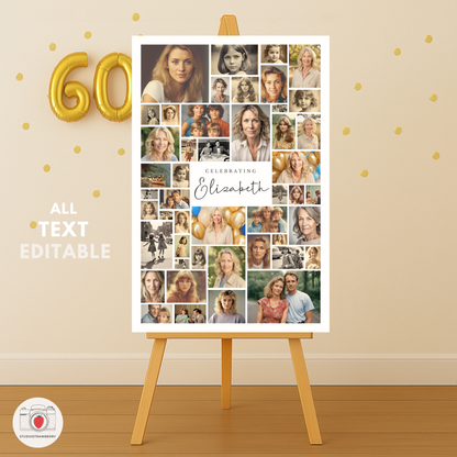 Photo collage welcome sign for 60th birthday – editable Canva template, perfect for printable milestone party decorations.