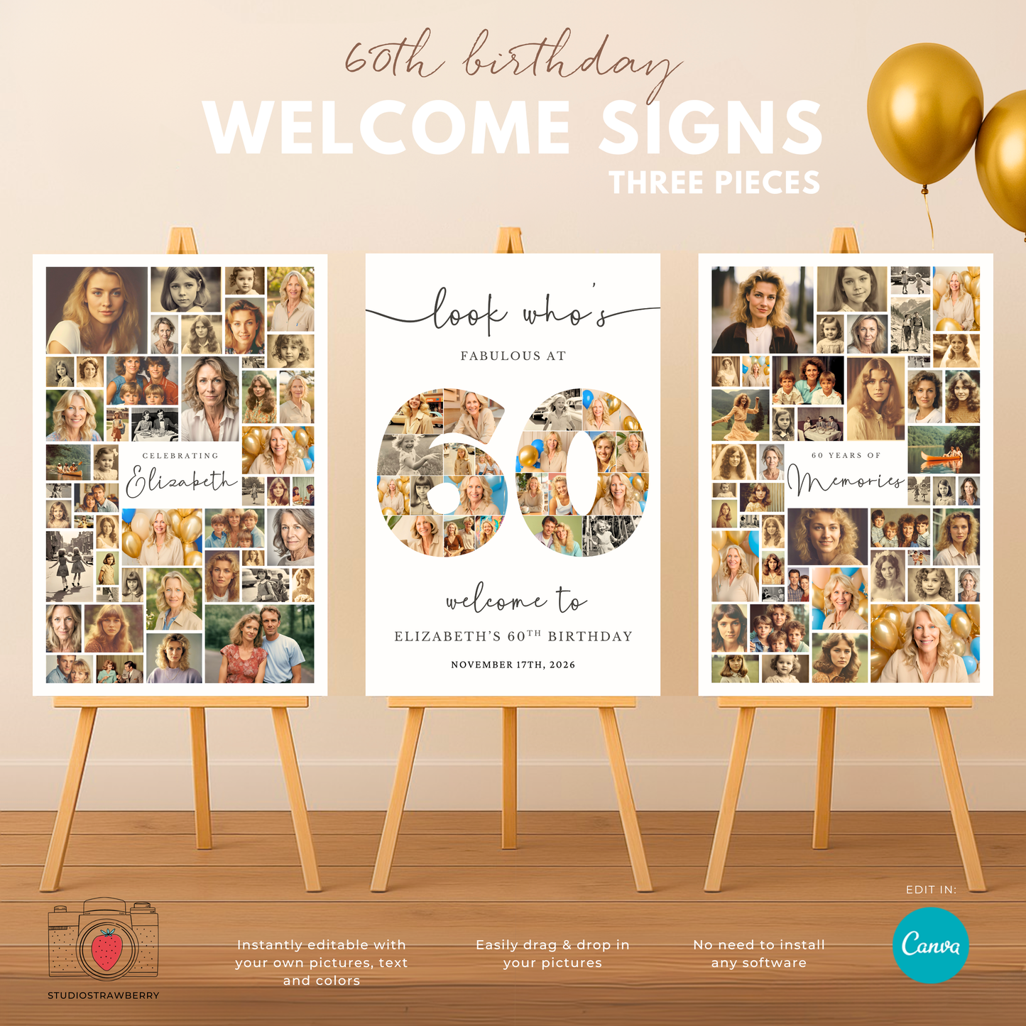Editable 60th birthday number collage poster template – Canva photo collage design for milestone birthday party decor.