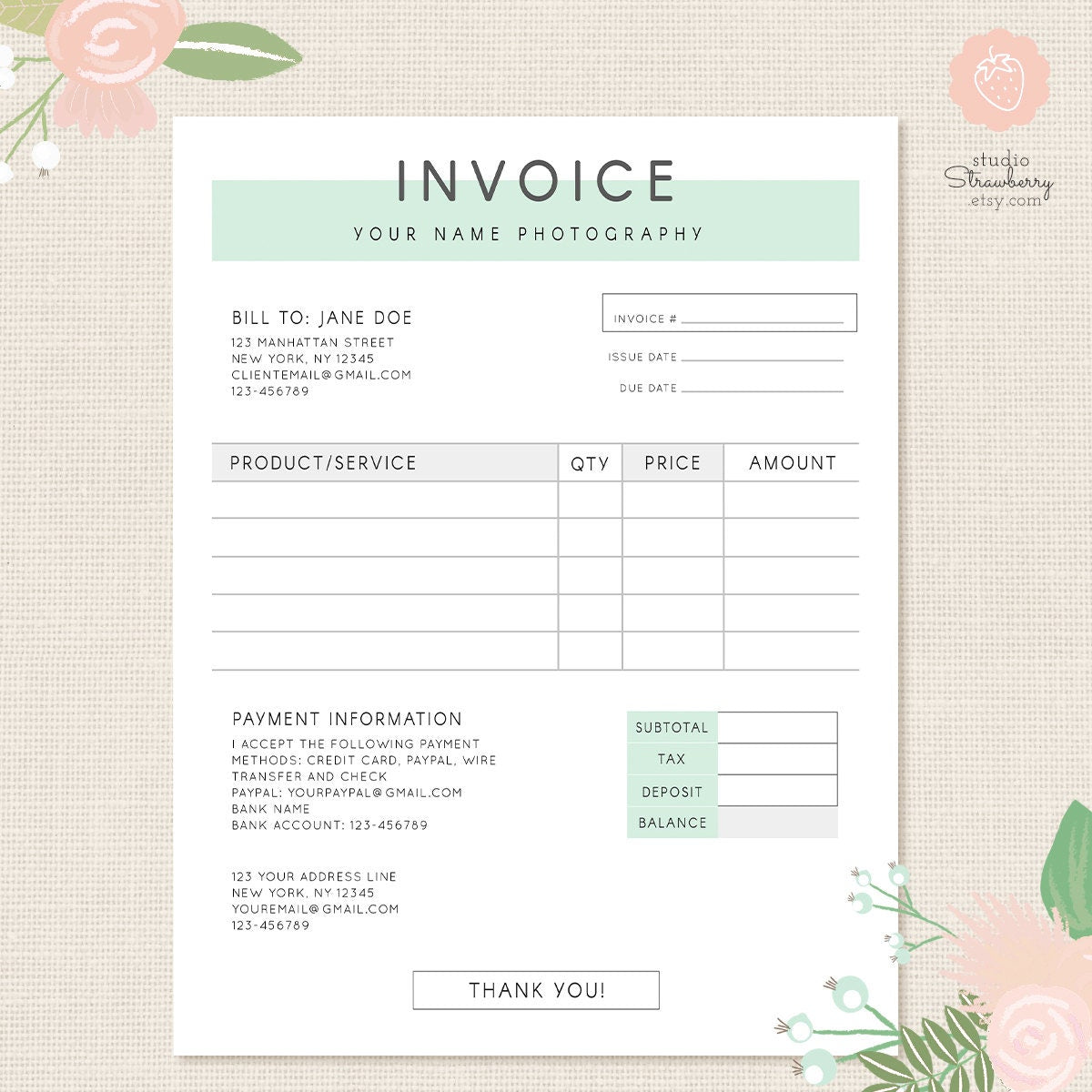 Invoice template, Photography invoice, Business invoice, Receipt template for Photographers, Photography forms, Photoshop template, PSD file