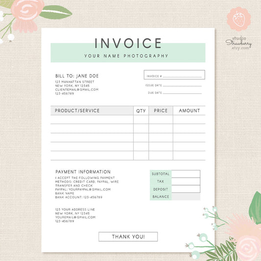 Invoice template, Photography invoice, Business invoice, Receipt template for Photographers, Photography forms, Photoshop template, PSD file