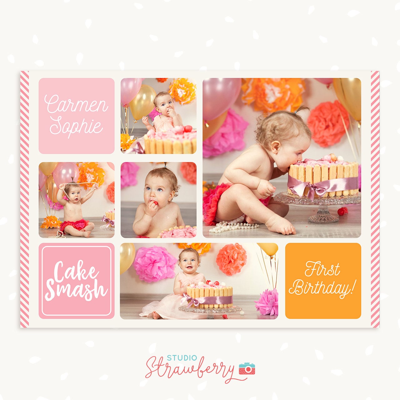 Cake smash photo collage template, First birthday, Cake smash collage, Cake smash mini session collage, Photography collage, Photoshop PSD