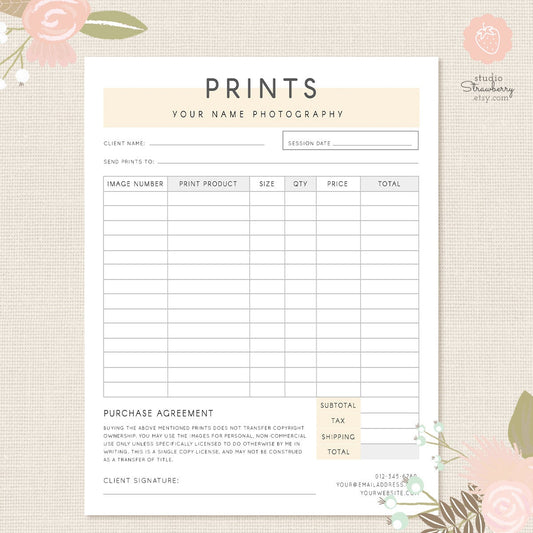 Order form template, Photography order form, Photography forms, Purchases, Orders template for Photographers, Photoshop template, PSD file
