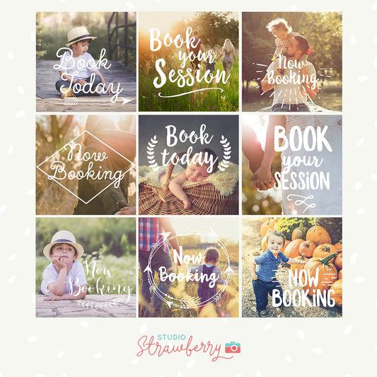Photography overlays, Now booking, Book today, Book session, photoshop overlay, social media template, hand letter, photo session marketing