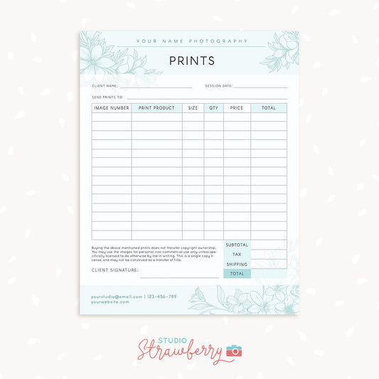 Order form template, Floral Photography order form, Photography forms, Purchases, Orders template for Photographers, Photoshop template