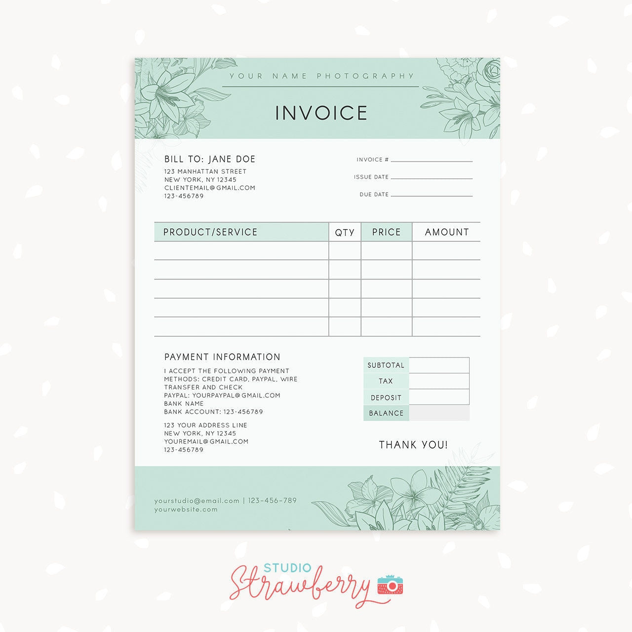 Invoice template, Photography invoice, Business invoice, Receipt template for Photographers, Photography forms, Photoshop template, Floral