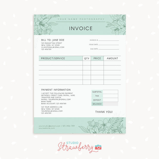 Invoice template, Photography invoice, Business invoice, Receipt template for Photographers, Photography forms, Photoshop template, Floral